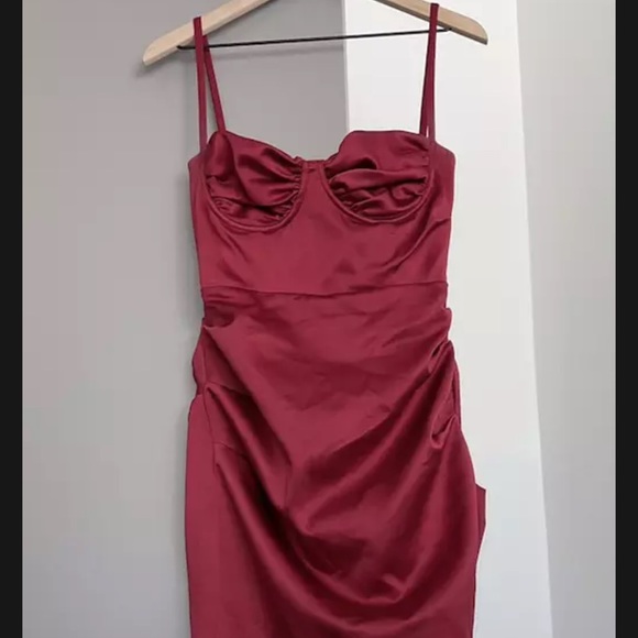House of CB Wine Satin Pleated Corset Midi Dress - Picture 8 of 11